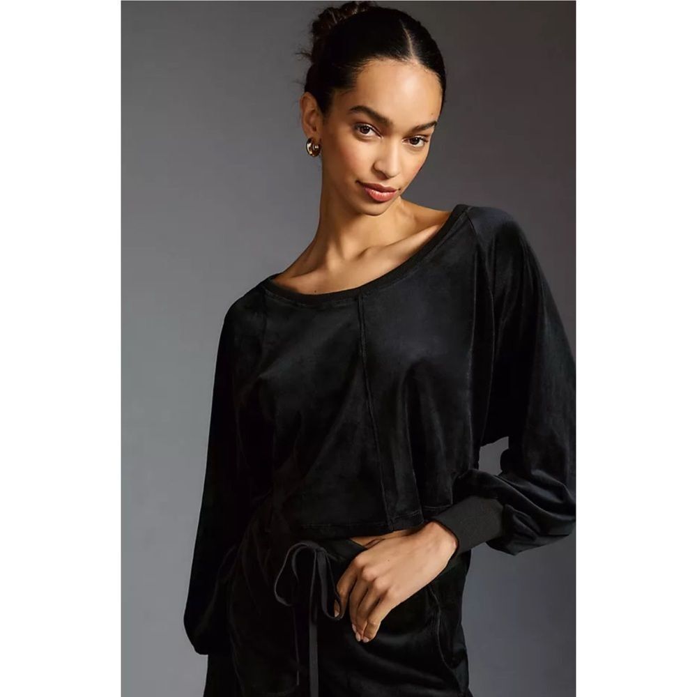 Stateside Anthropologie‎ Black Velour Pullover XS Drawstring Hem Crew Neck